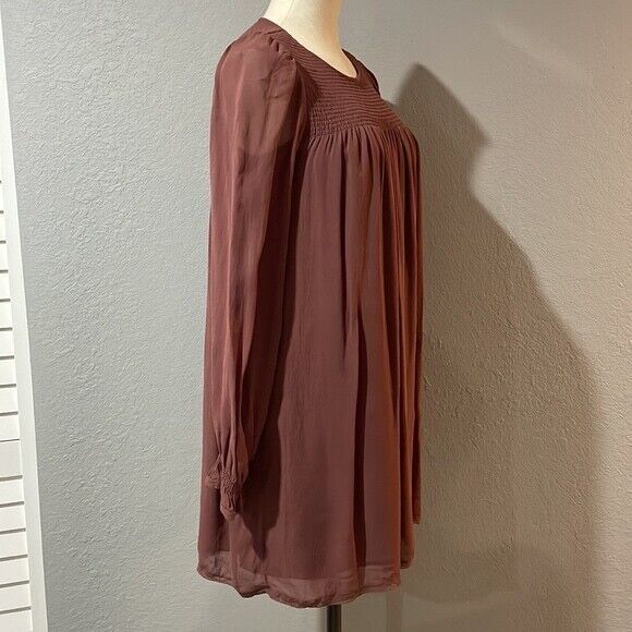 Wilfred Aritzia Babydoll Smocked Mini Dress size S Burgundy Crew Neck - Picture 6 of 13